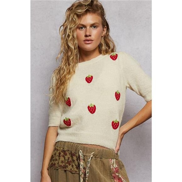 POL Round Neck Strawberry Patch Sweater with Shirring Shoulder - Picture 1 of 5